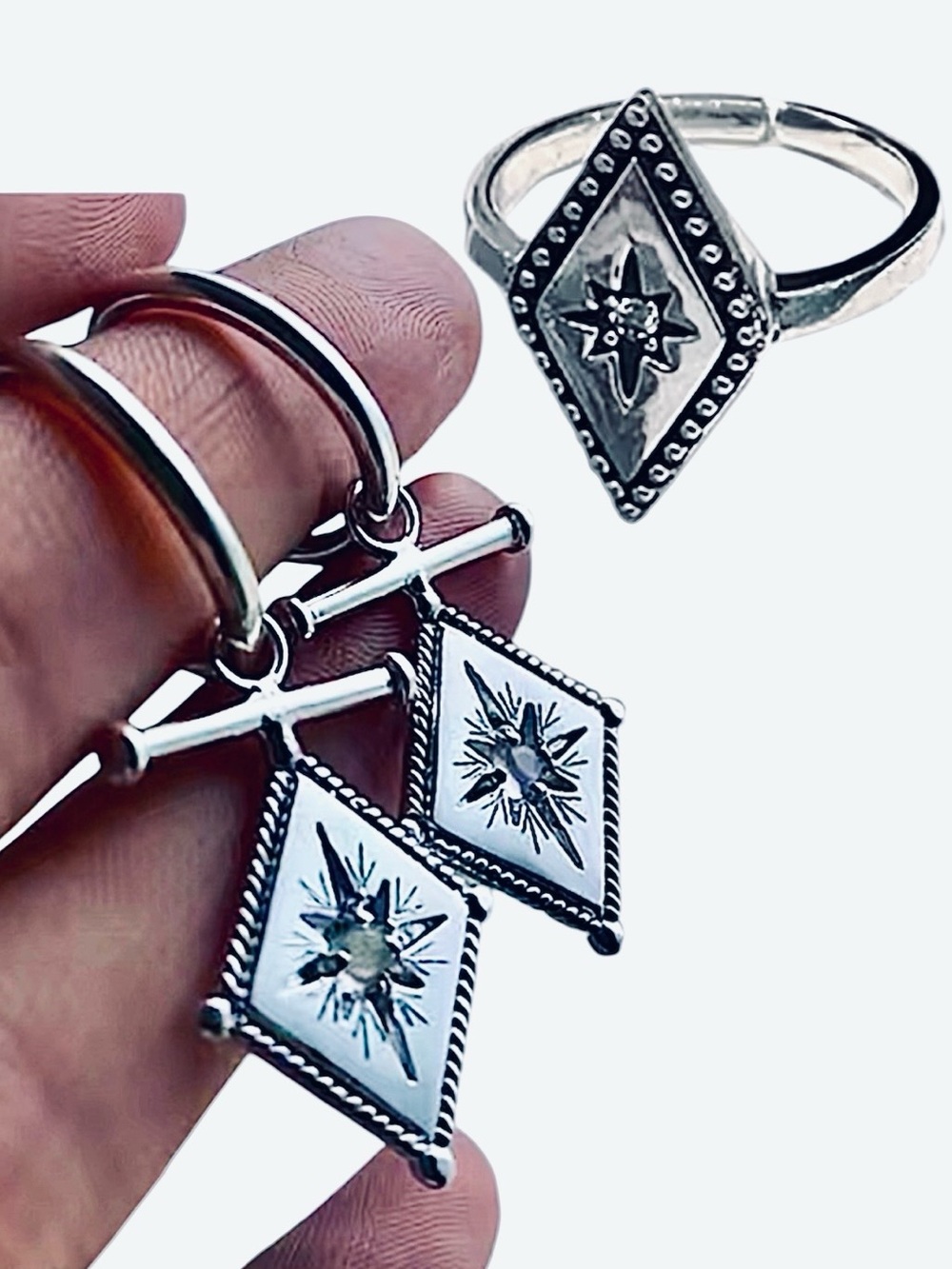 North Star Stainless Steel Matching Ring & Earrings Adjustable CZ Tarnish Free